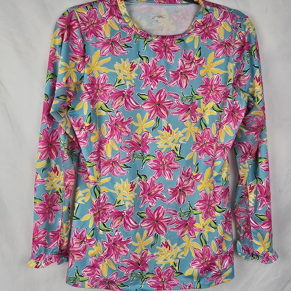 Gottex G-Style Tennis Golf Sporty Long Sleeve Aqua Flower Vented Top sz M
